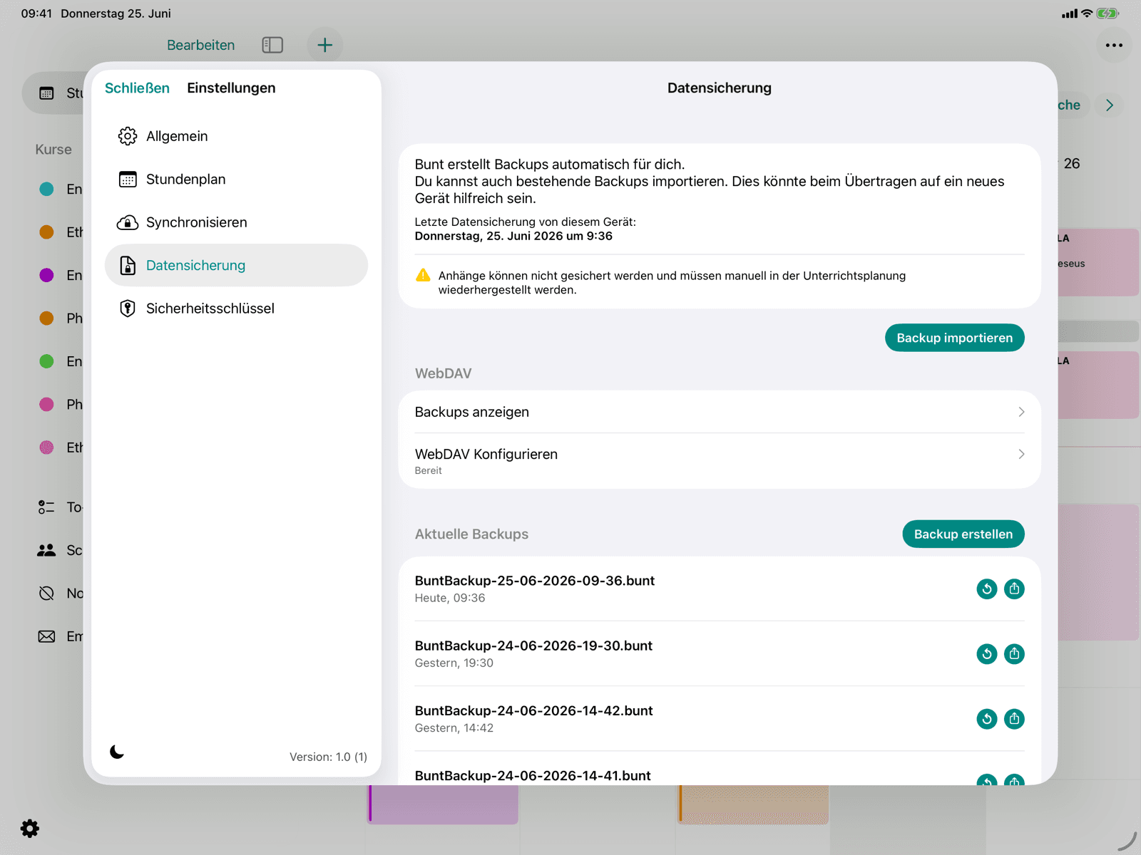 Bereich WebDAV mit Konfiguration und Backups