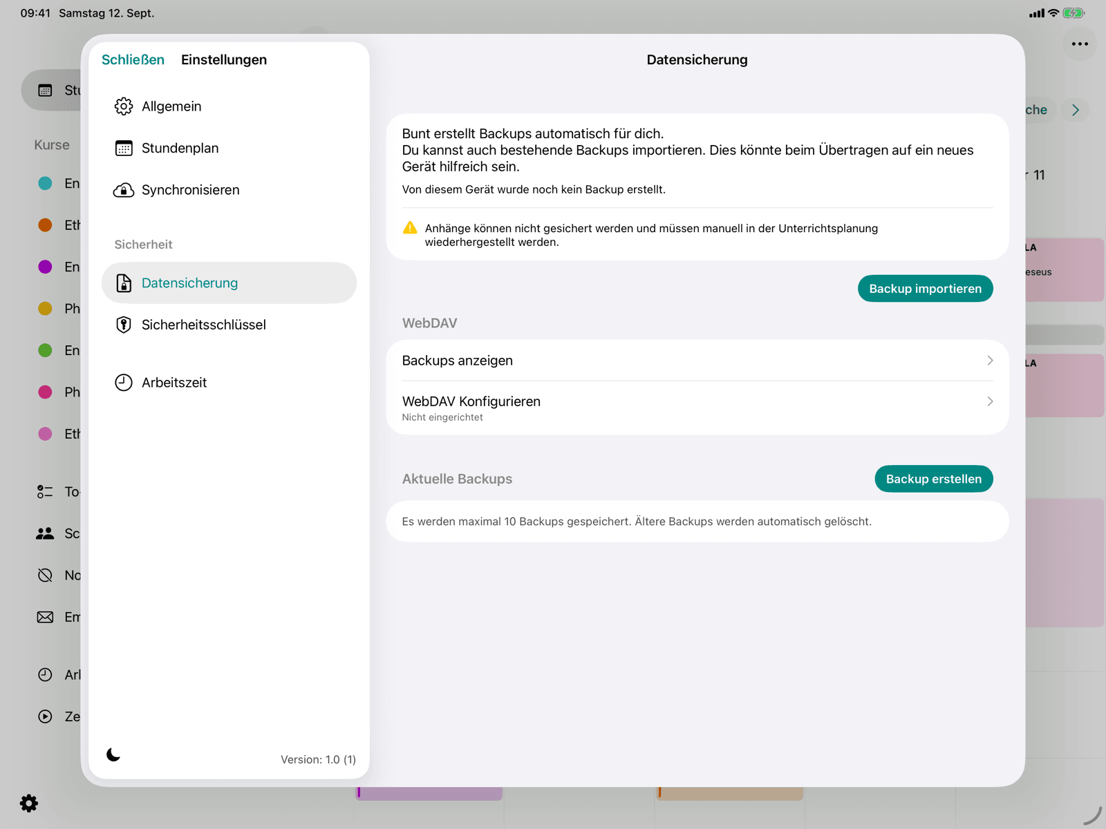 Bereich WebDAV mit Konfiguration und Backups