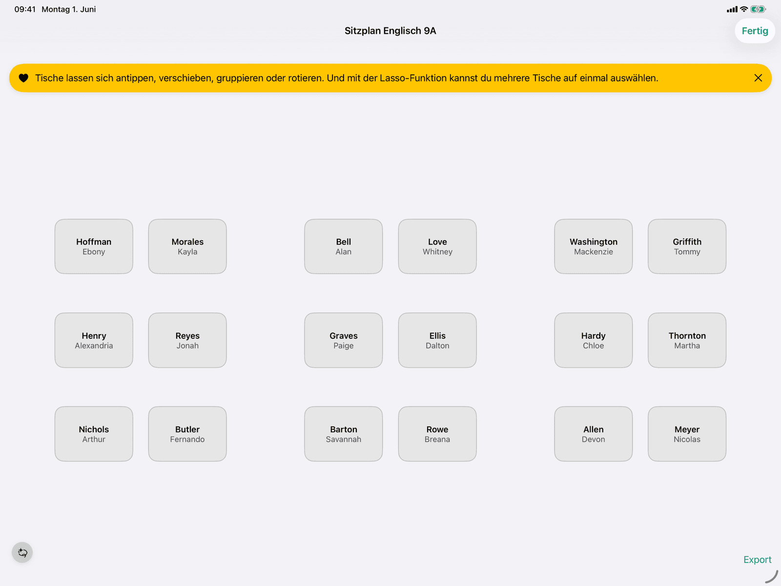 Sitzplan-Editor mit verteilten Tischen