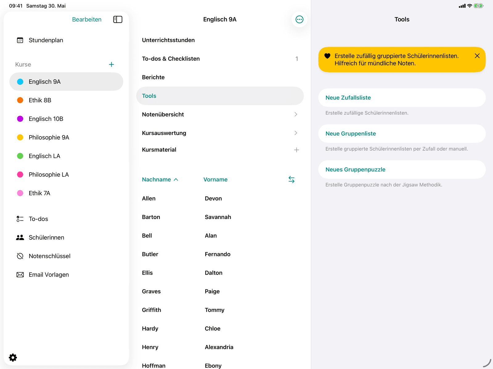 Sektion Gruppierte Zufallslisten in Tools