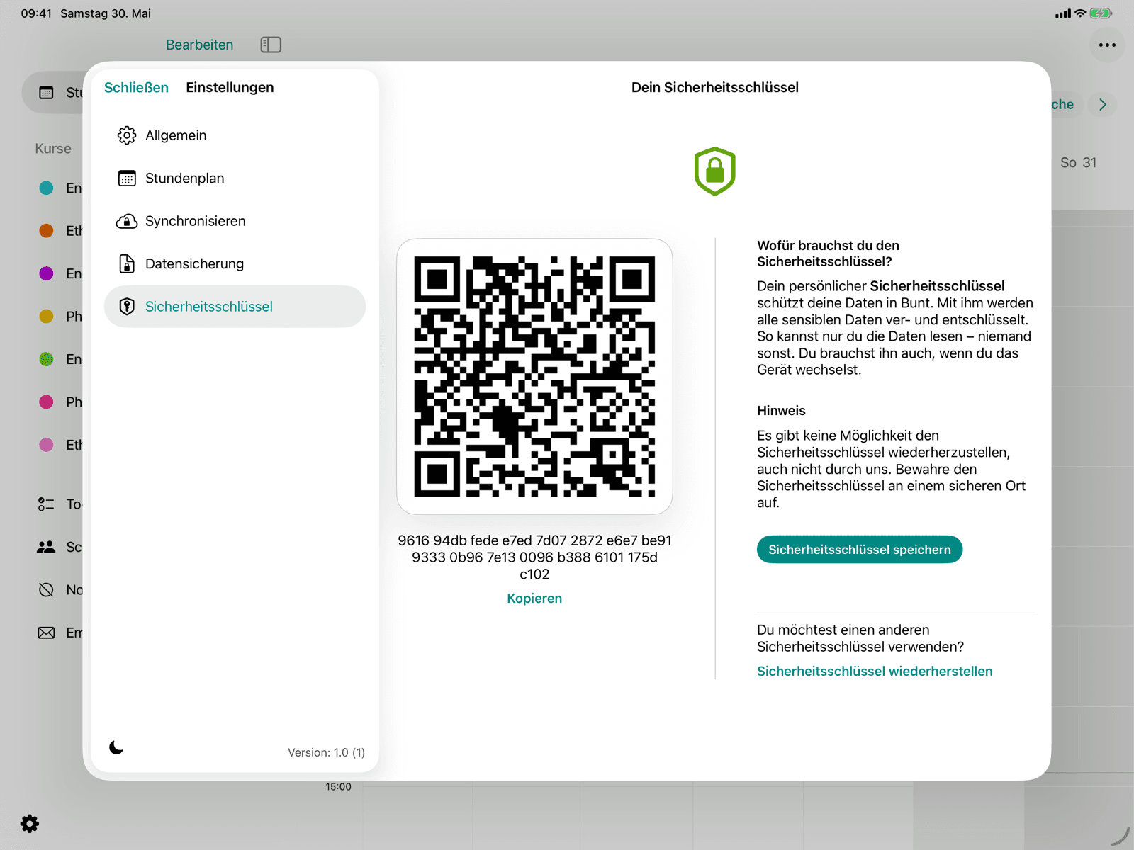 Sicherheitsschlüssel mit QR-Code und Aktionen