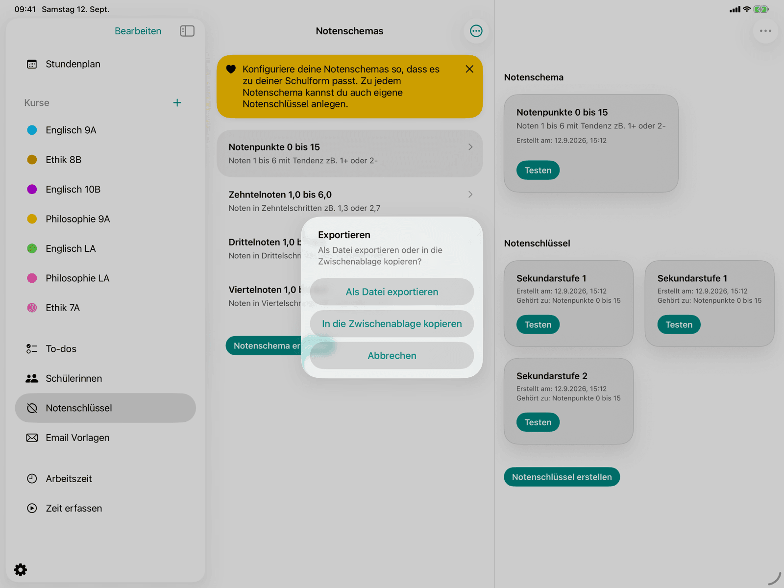 Export-Dialog mit Datei- und Zwischenablage-Option