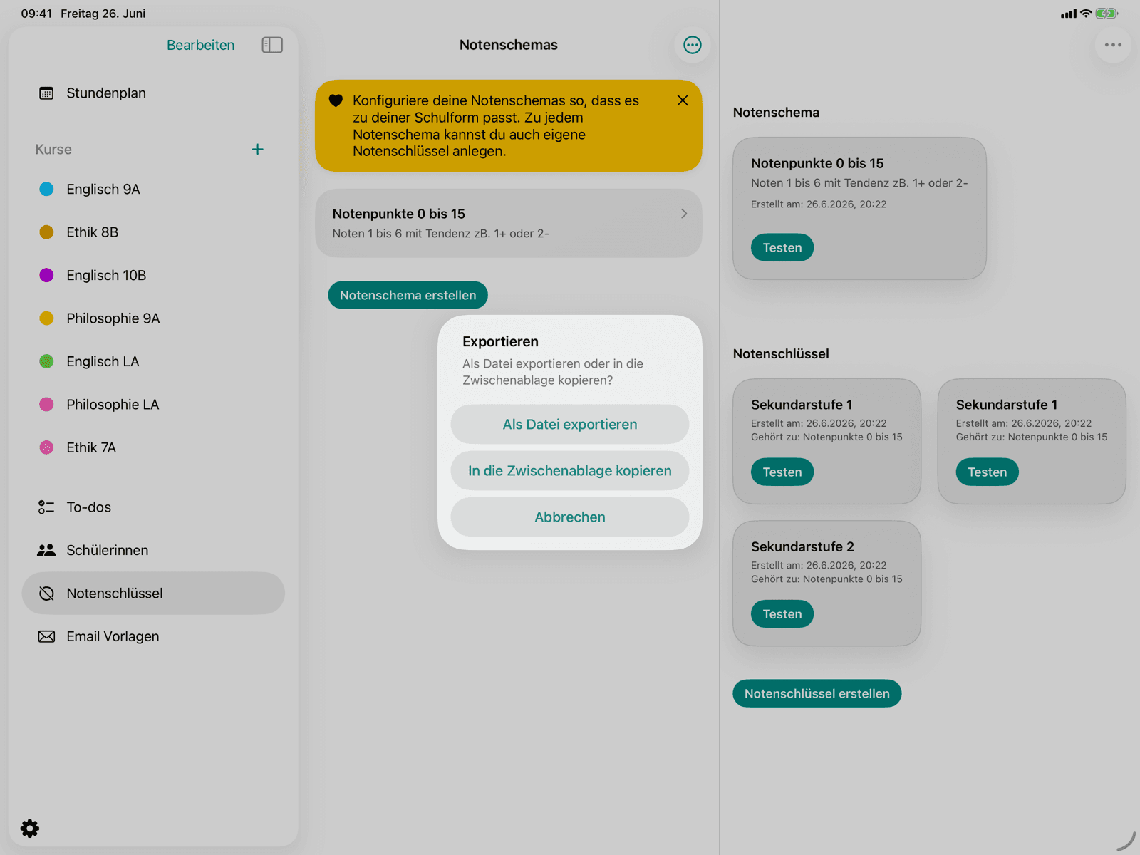 Export-Dialog mit Datei- und Zwischenablage-Option