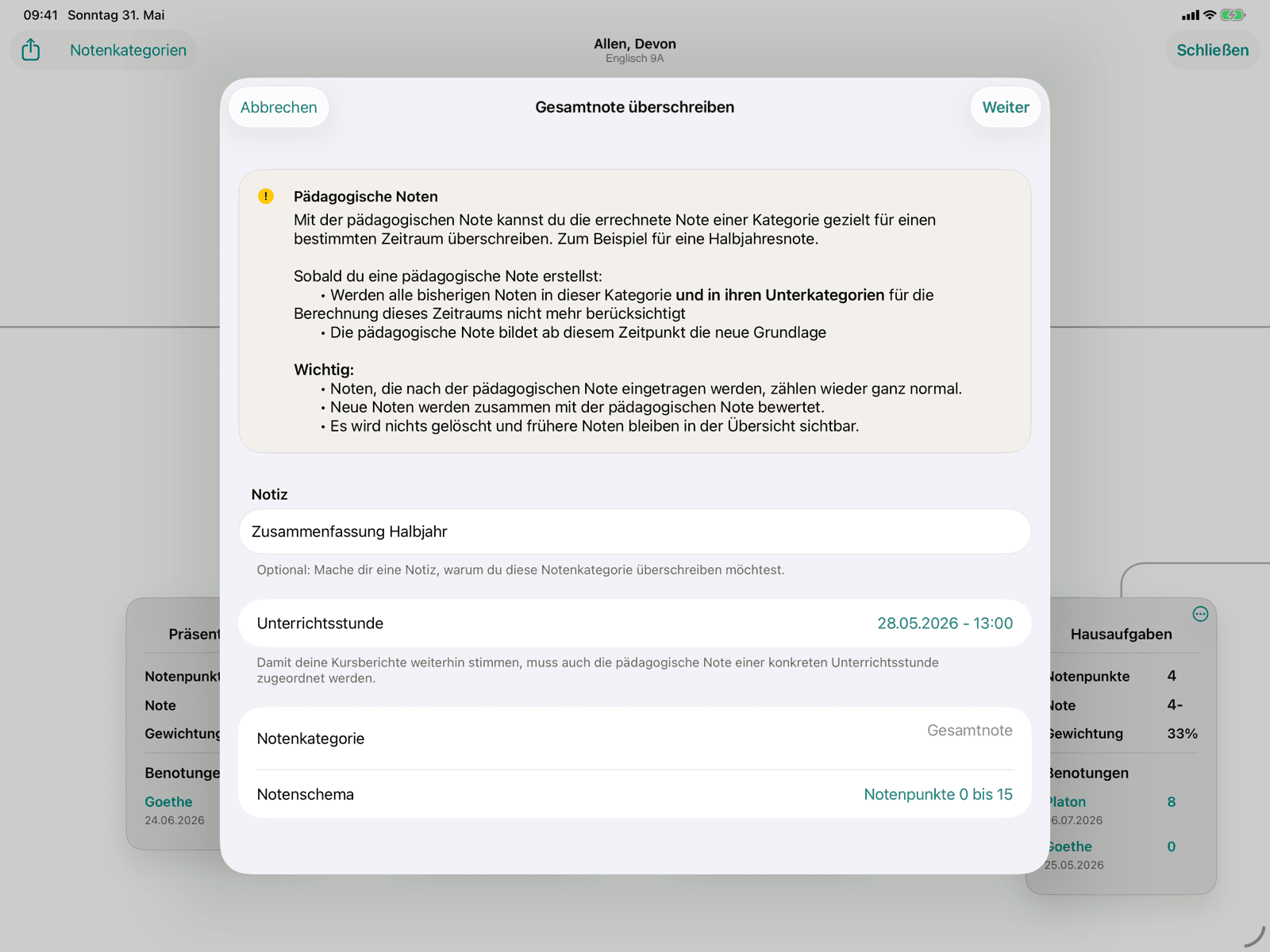Editor mit Notiz und Unterrichtsstunde