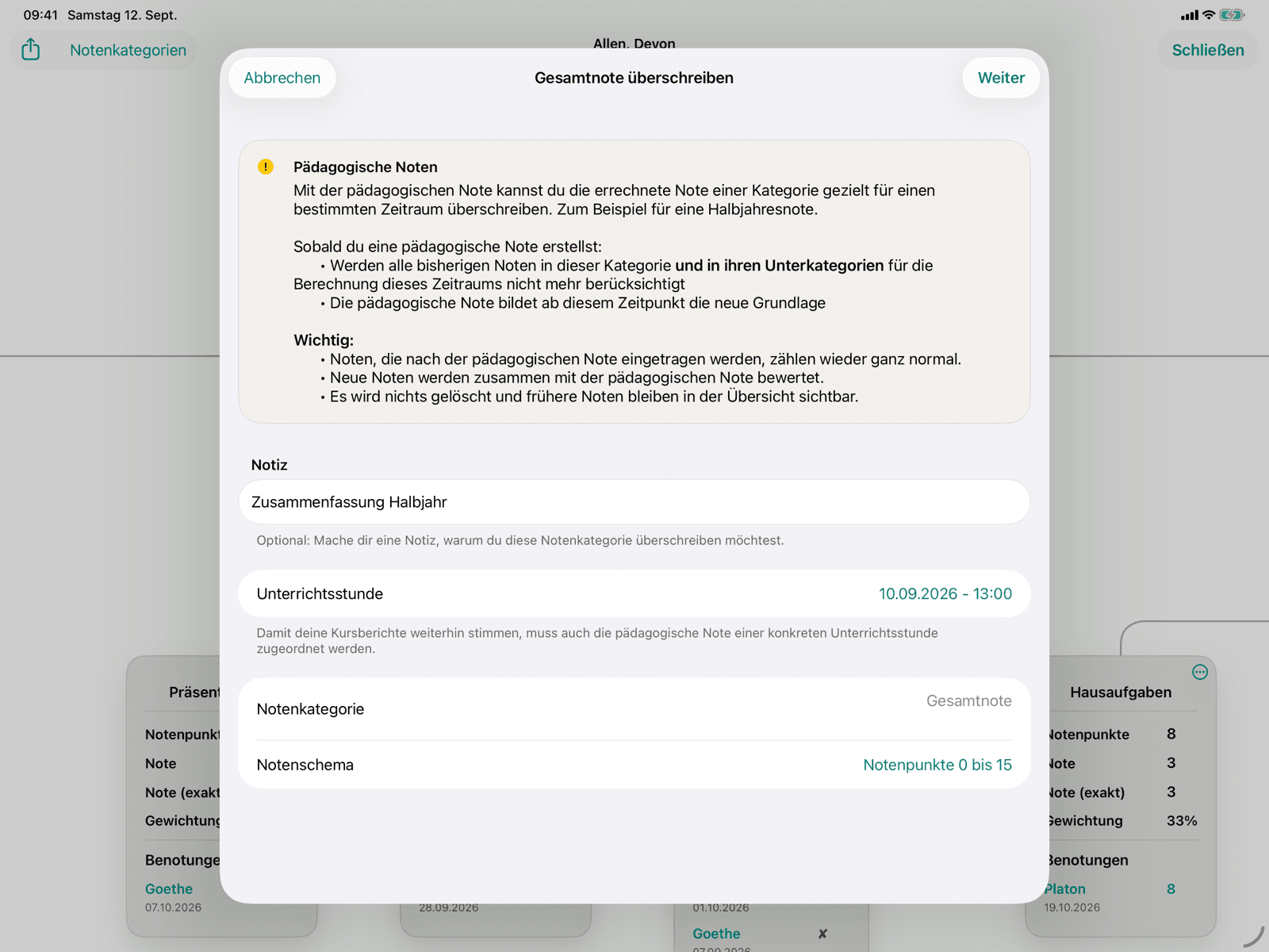Editor mit Notiz und Unterrichtsstunde