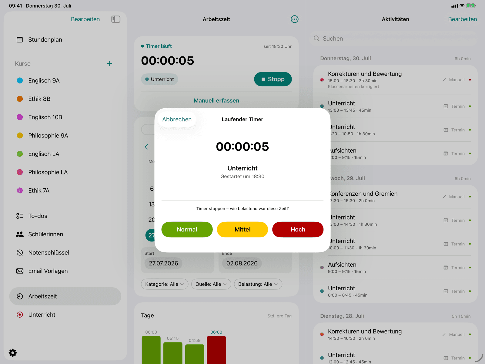 Timer stoppen mit Belastungs-Auswahl